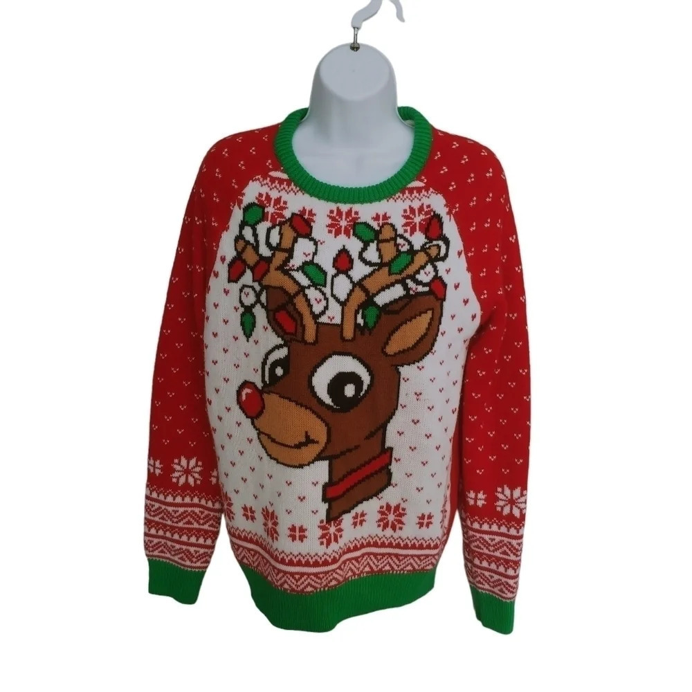 Urban Heritage Happy Holiday Rudolph Christmas Sweater Red White Green XS